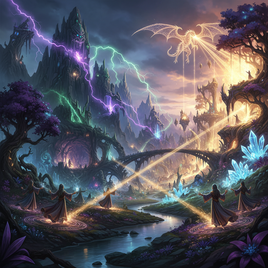 Bright fantasy world with magical lighting, colorful open environment, epic RPG game landscape well-lit and vibrant