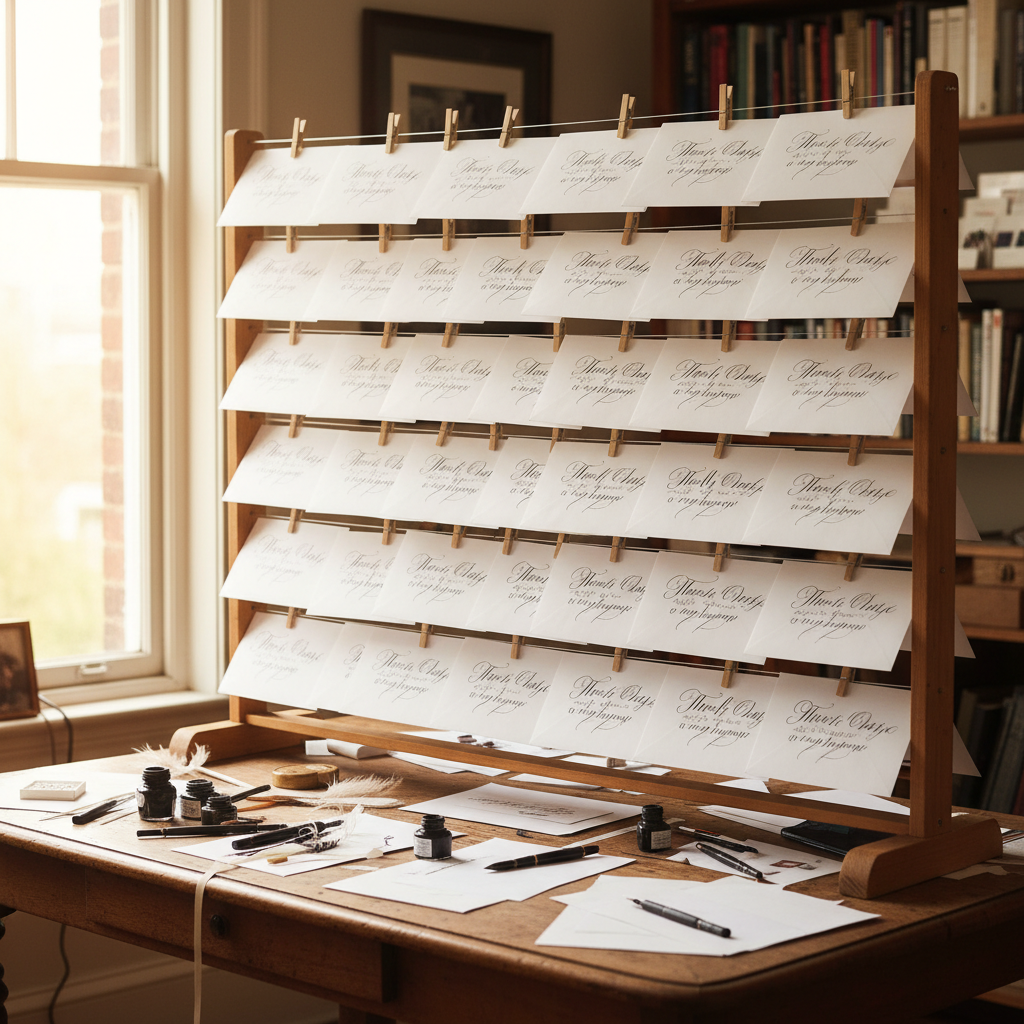 Drying rack with completed addressed envelopes showing consistent calligraphic style across all 340 pieces