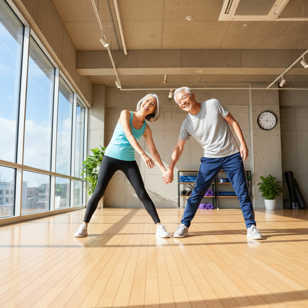 Senior couple doing gentle stretching exercises with a personal trainer outdoors