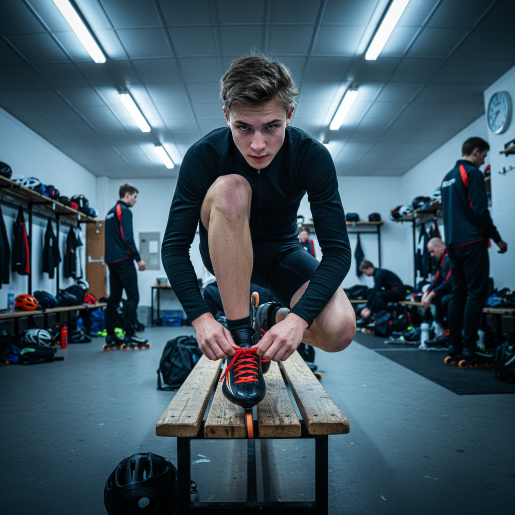 Young skater lacing up speed skates in the locker room before practice