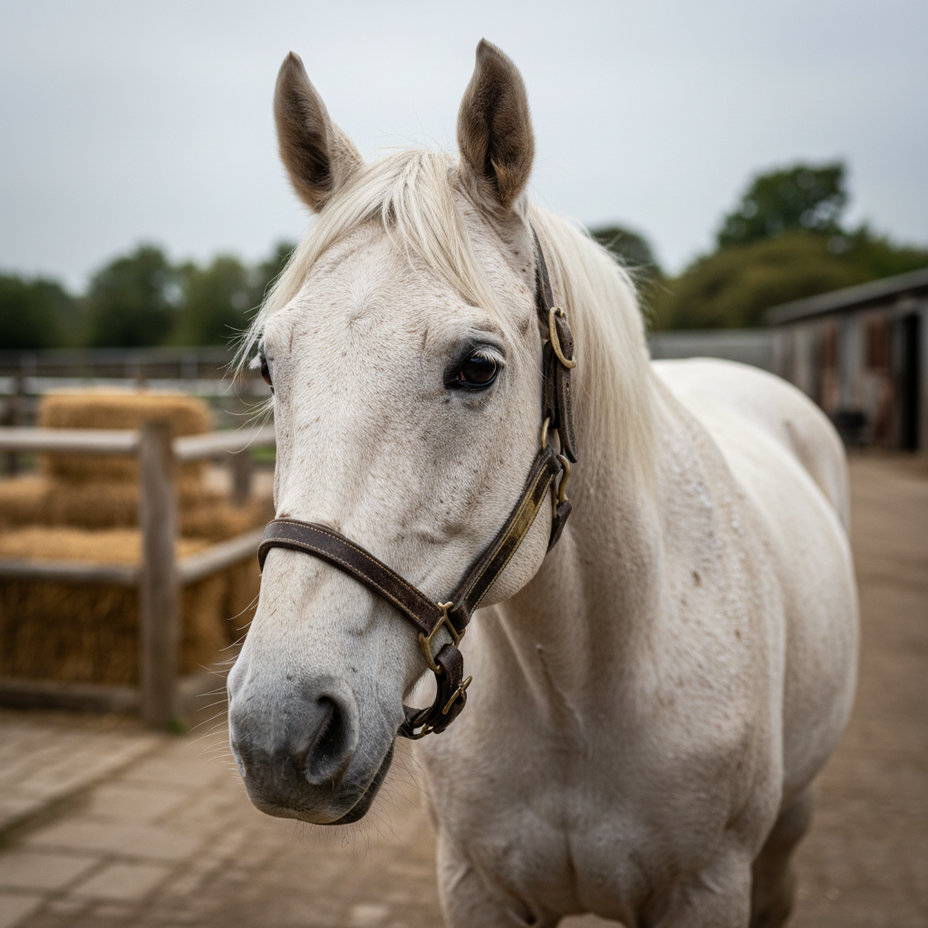 Salty Pearl thoroughbred racehorse standing in stable yard, black and white portrait photograph