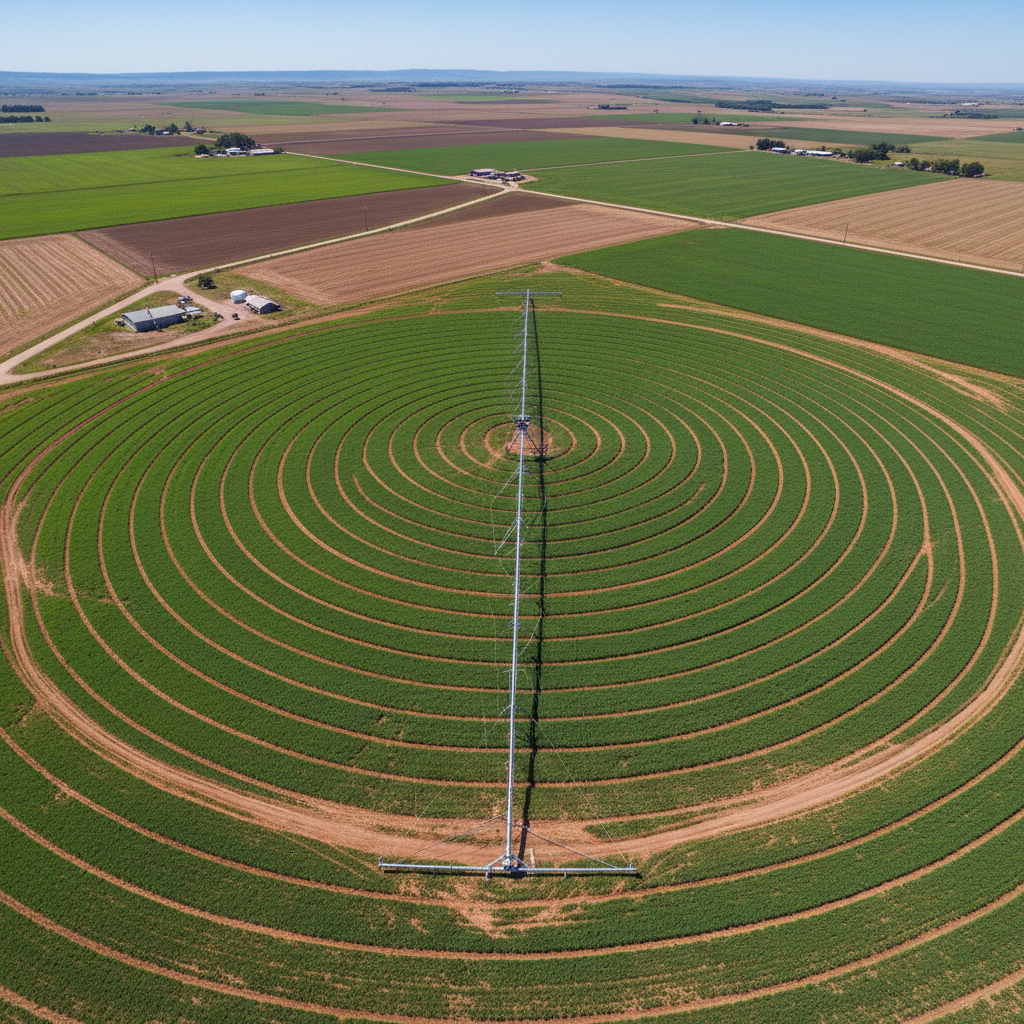 Aerial view of green irrigated farmland with center pivot irrigation systems under bright daylight