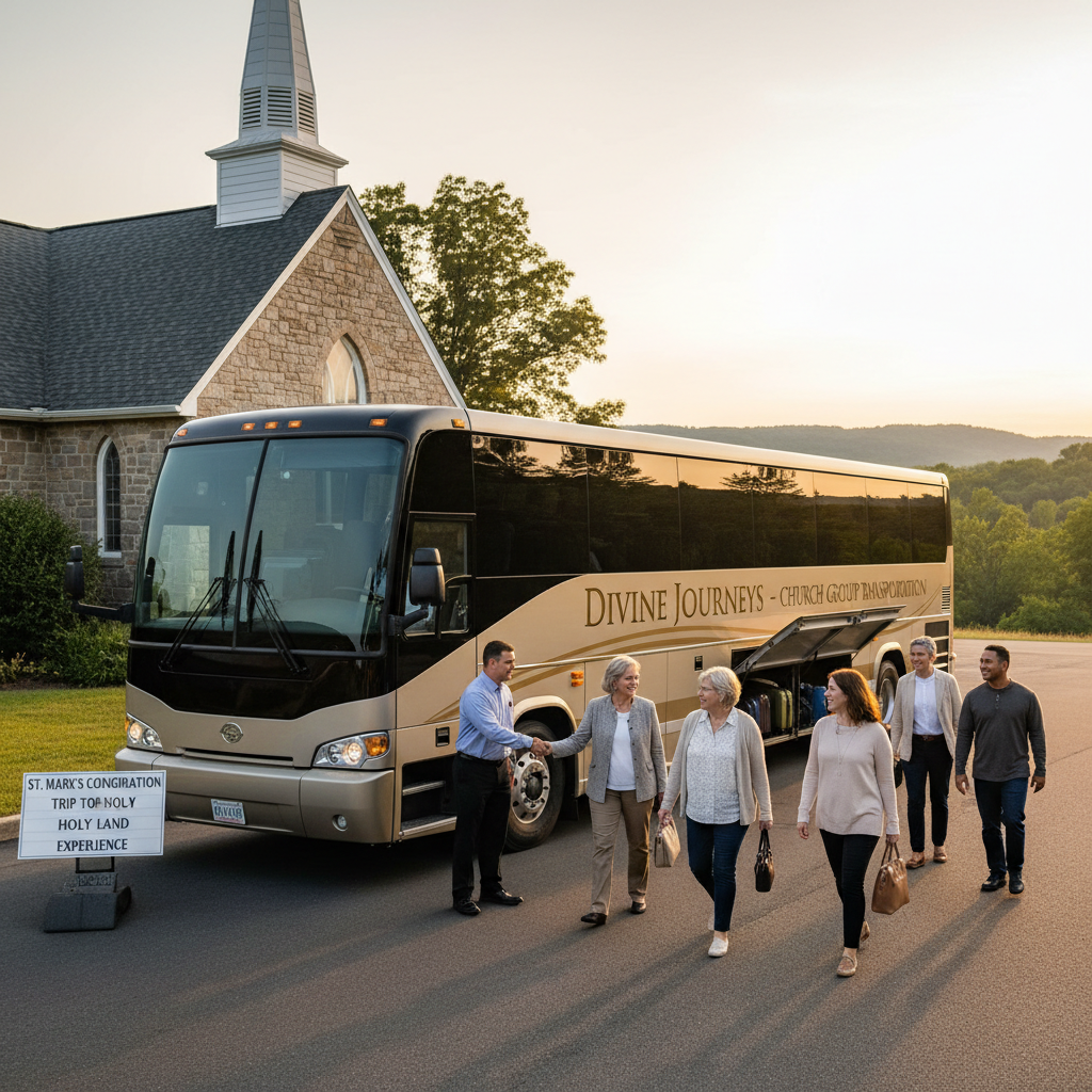 Bus rental service for church group transportation, congregation travel by charter bus