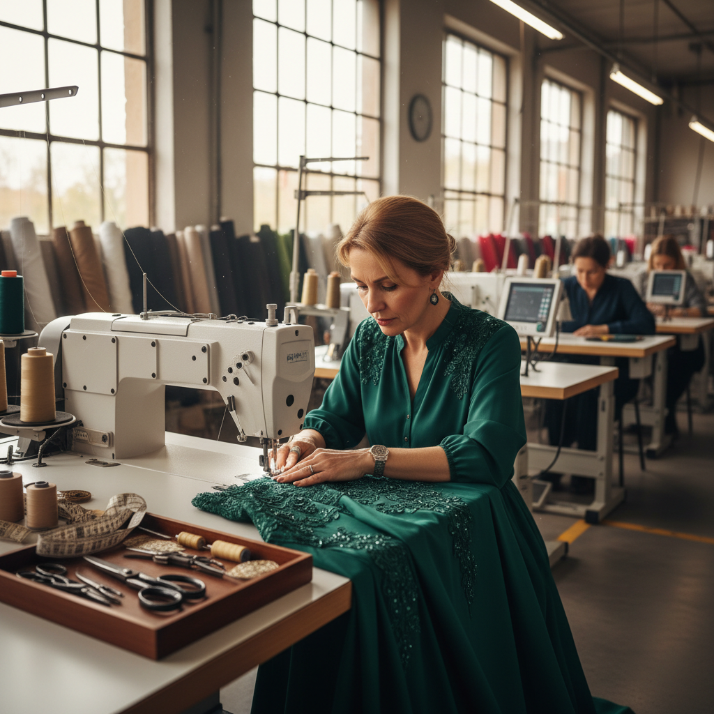 Garment manufacturing floor, seamstresses at work, bolts of fabric, professional setting