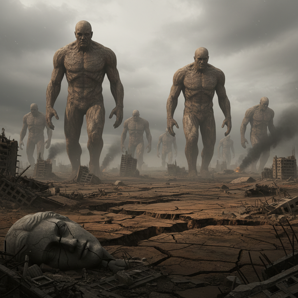 Colossal titans marching across a landscape with small human soldiers in the foreground