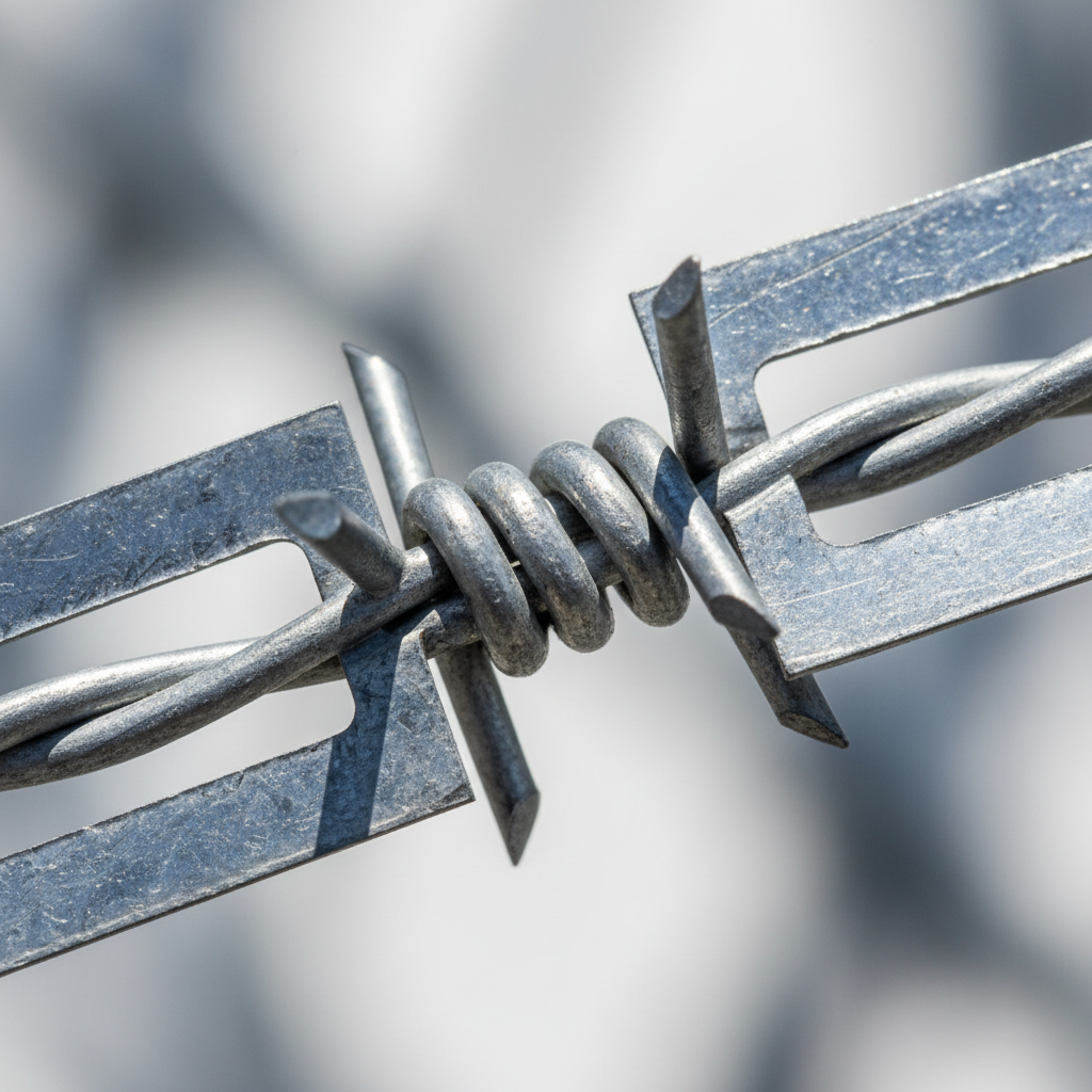 Extreme close-up of razor wire barb clip showing sharp edge and galvanized tape, geometric precision