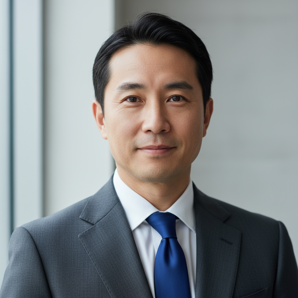 Asian man in his 40s with glasses, professional headshot against neutral office background