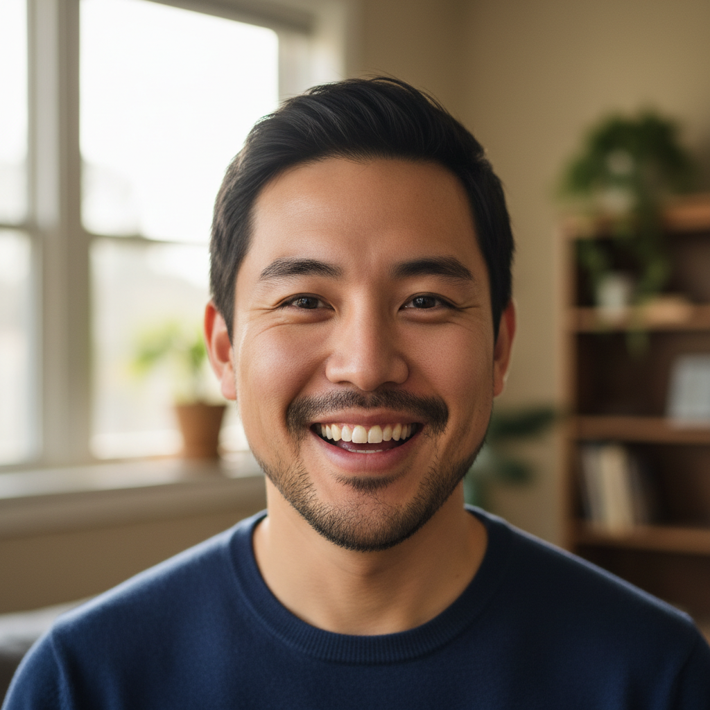 Japanese-American man in his late twenties with a confident smile