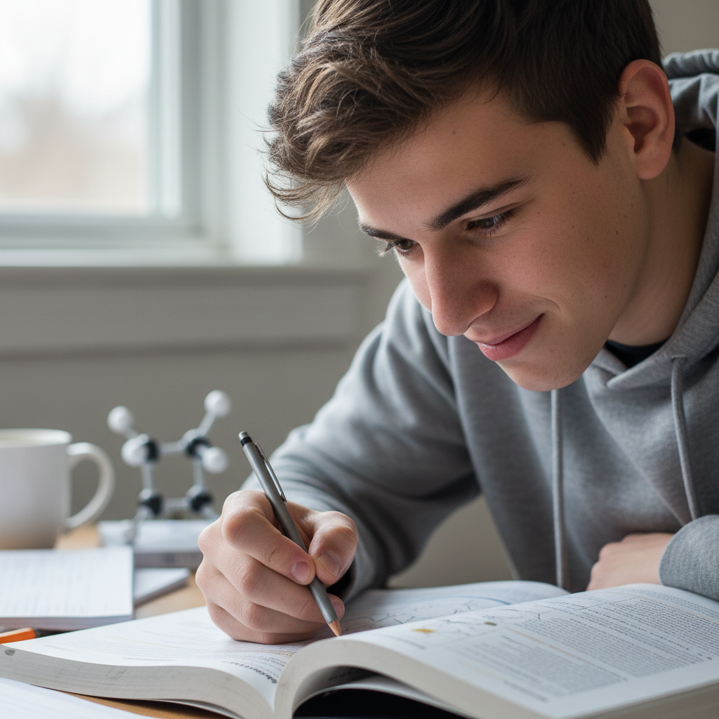 Marcus Osei-Bonsu, high school student studying for AP Biology, focused expression