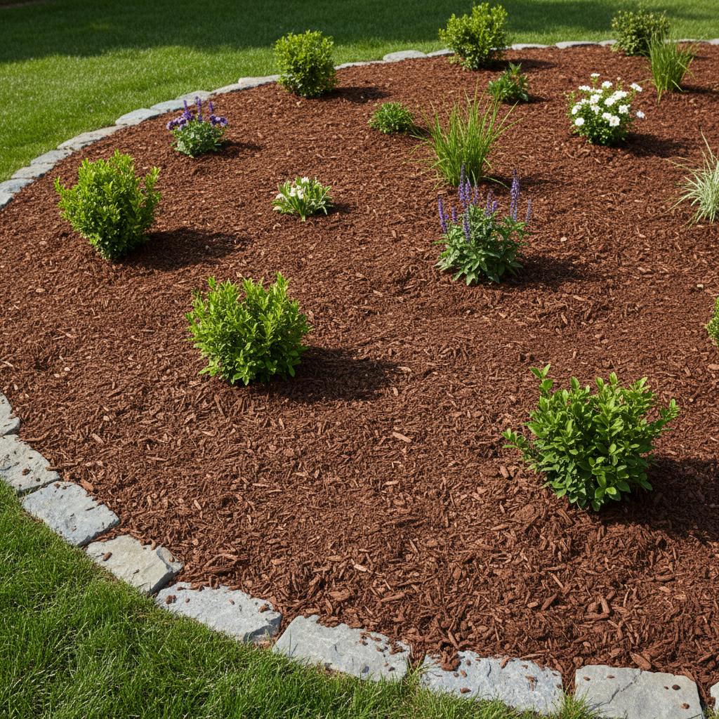 Fresh brown mulch laid around garden beds and plants