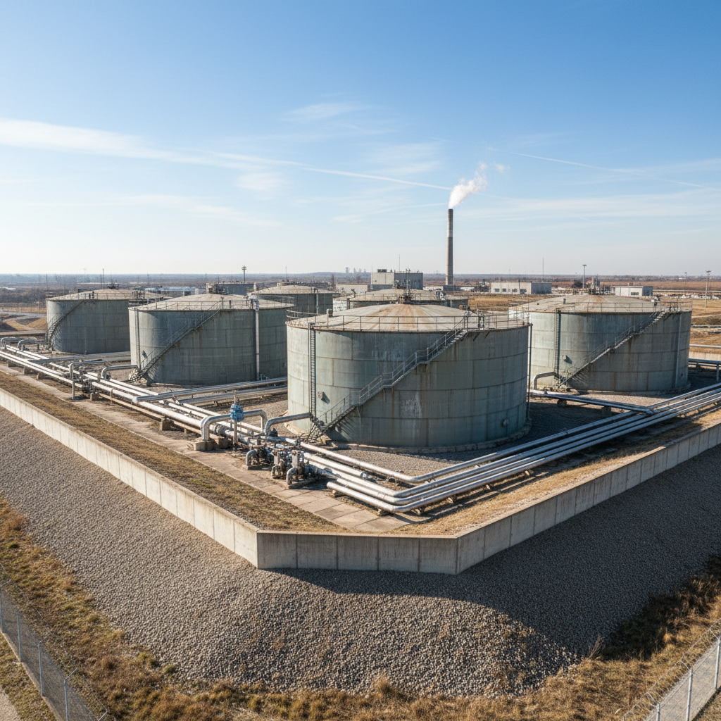 Large diesel fuel storage tanks at an industrial facility with piping and containment berms