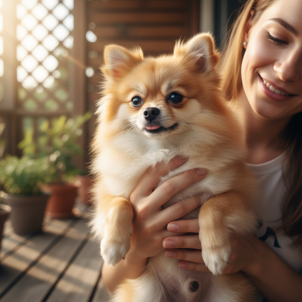 Ember a tiny Pomeranian being held gently by a woman on a sunny porch