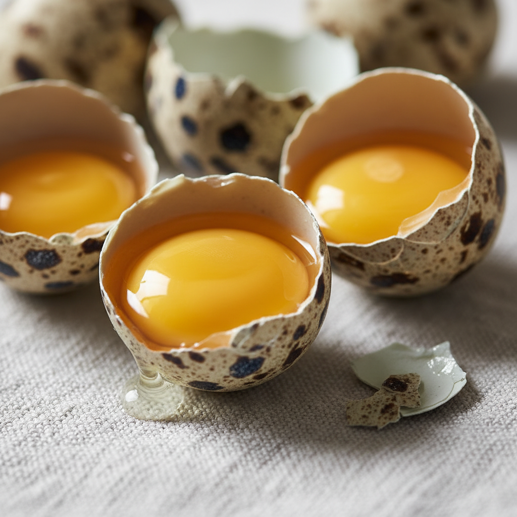 Quail eggs cracked open showing rich golden yolks on linen cloth