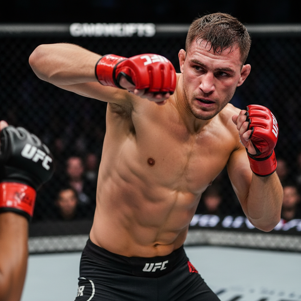 MMA fighter in training stance, bright arena