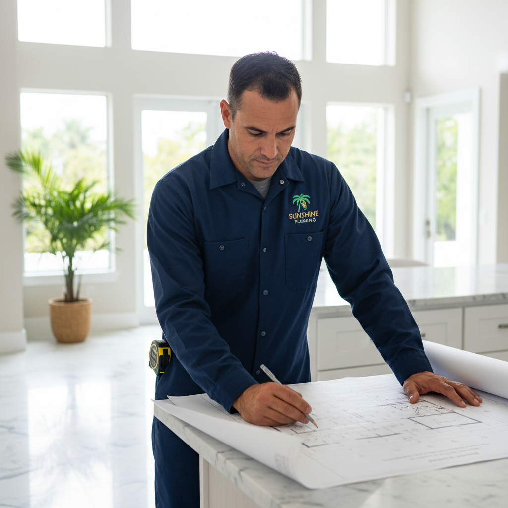 CopperLine plumber in branded uniform reviewing clipboard and discussing repair plan with homeowner in bright Arizona kitchen