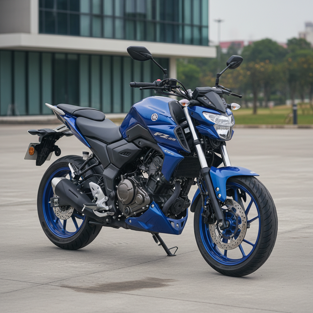 Blue Yamaha FZ16 motorbike parked on a street