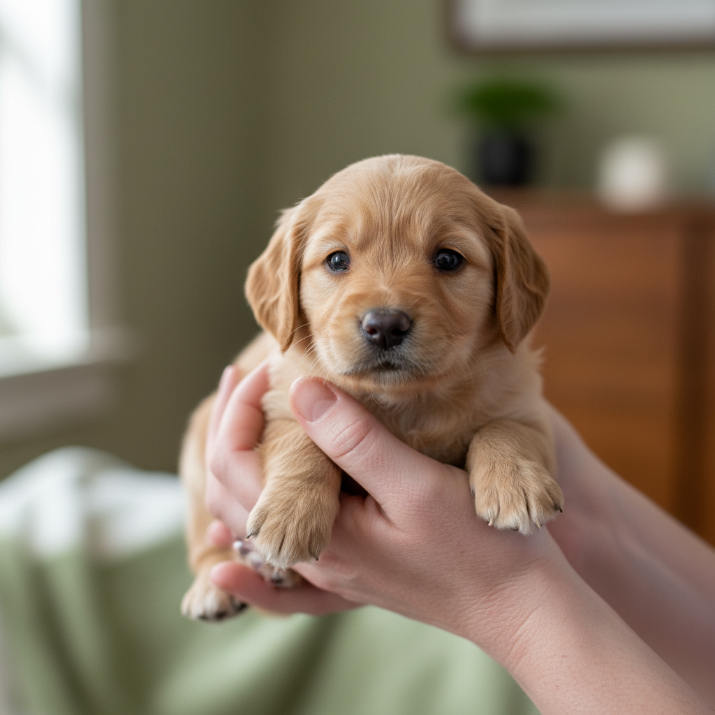 Tiny golden retriever puppy Luna being held in hands on adoption day