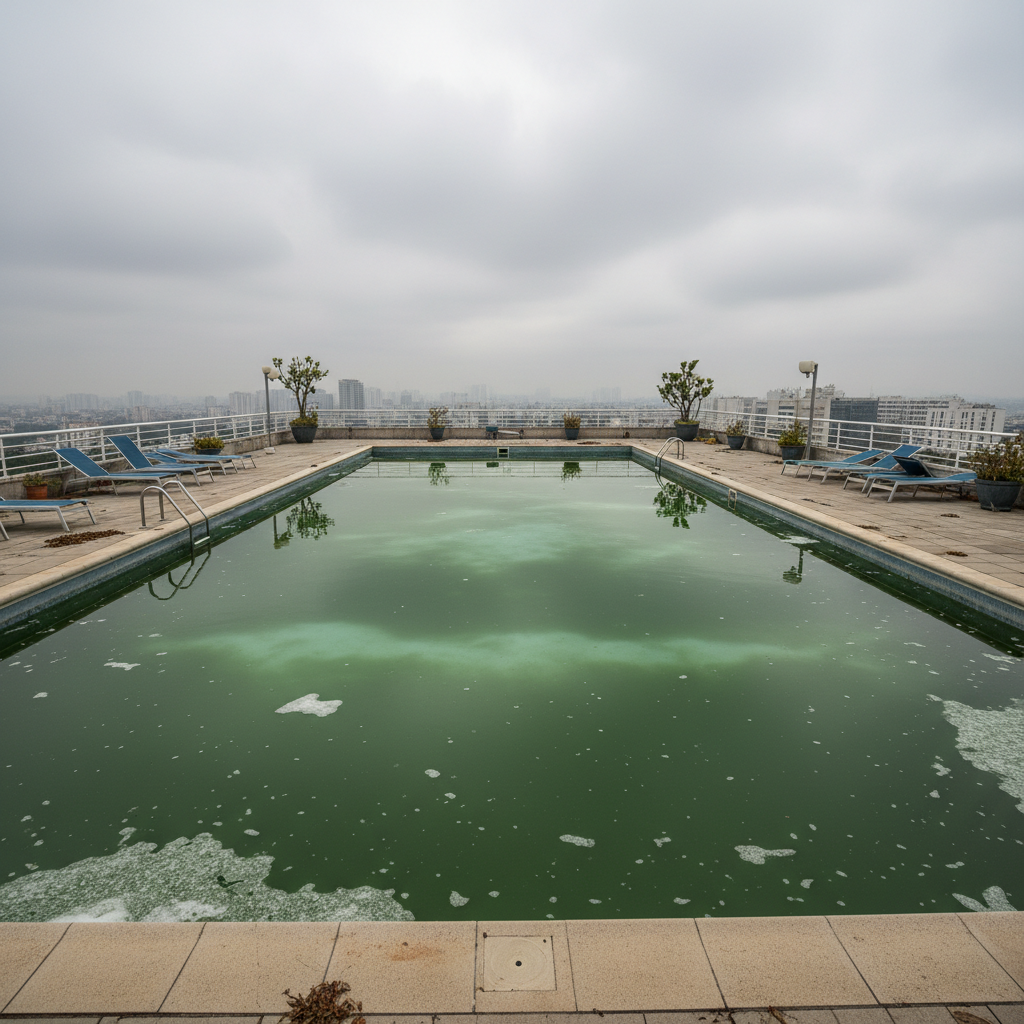 Rooftop pool with cloudy, chemically unbalanced water showing green tint and poor visibility