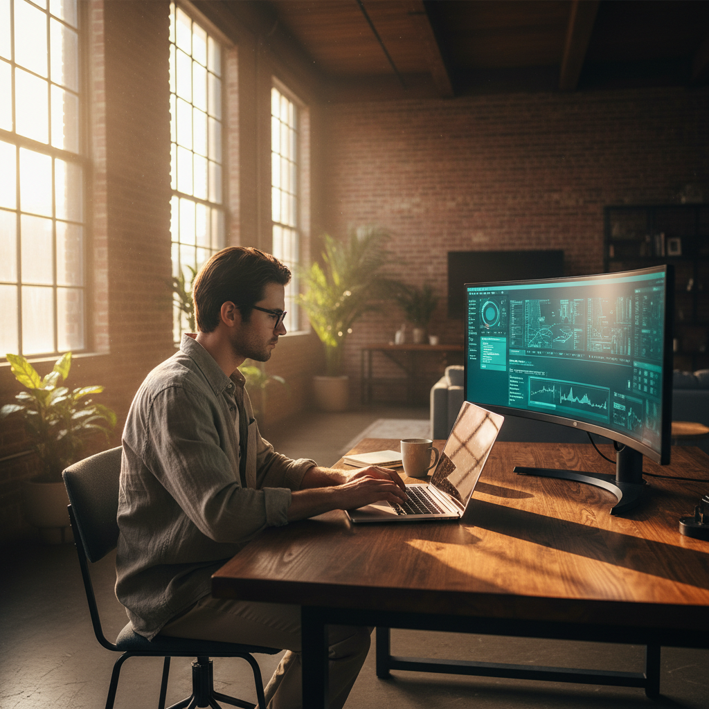 Person in sunlit loft apartment working on laptop with ultrawide monitor glowing behind, golden-hour light cutting across cool device screens