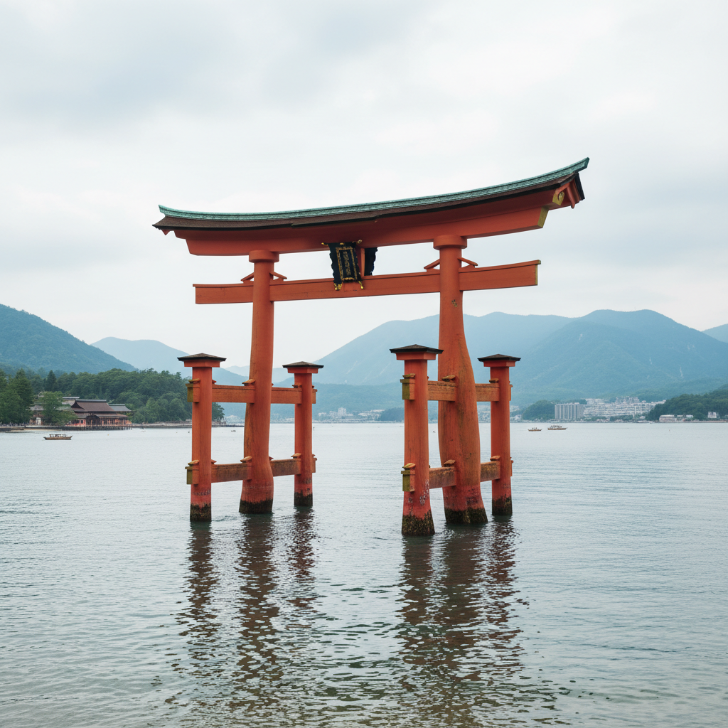 Miyajima Island floating torii gate at high tide Japan
