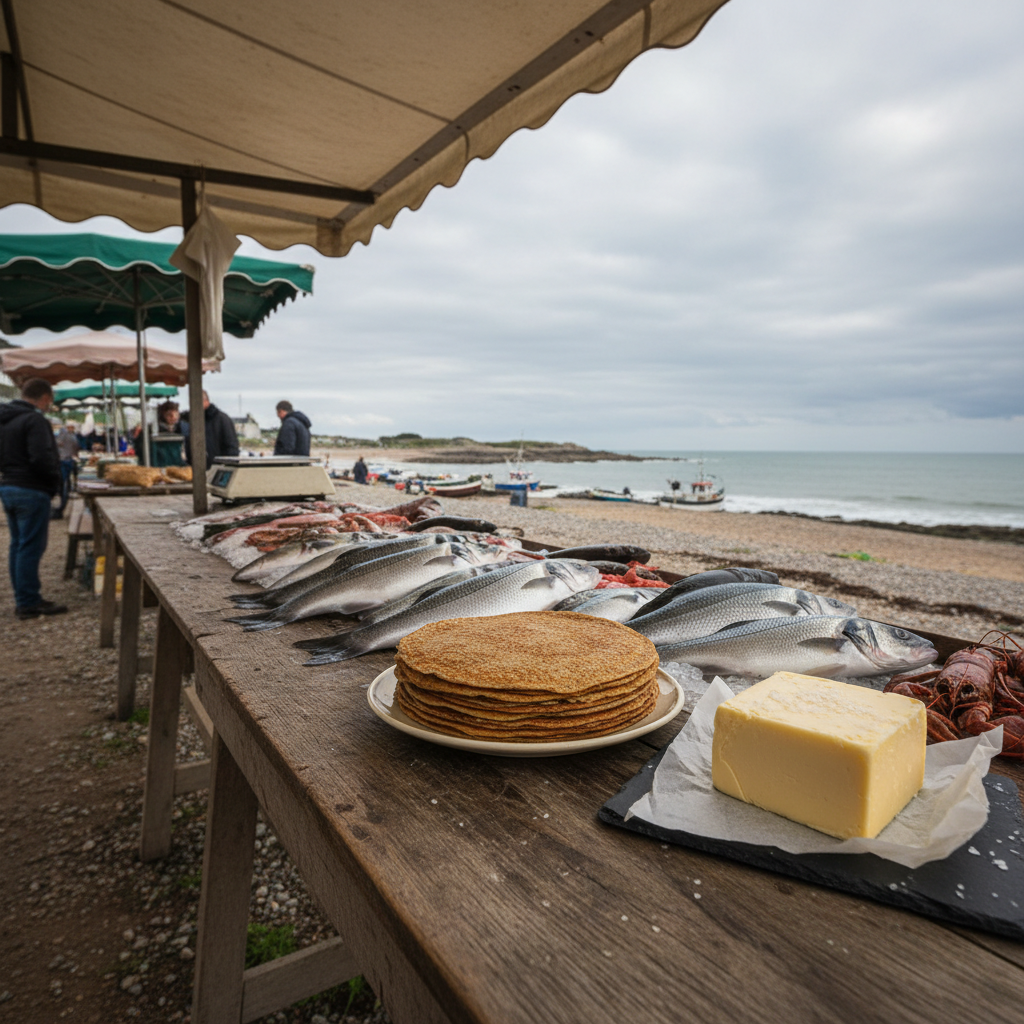 Brittany coastal market with fresh fish, buckwheat crepes, and salted butter on weathered wood table, cool grey maritime light