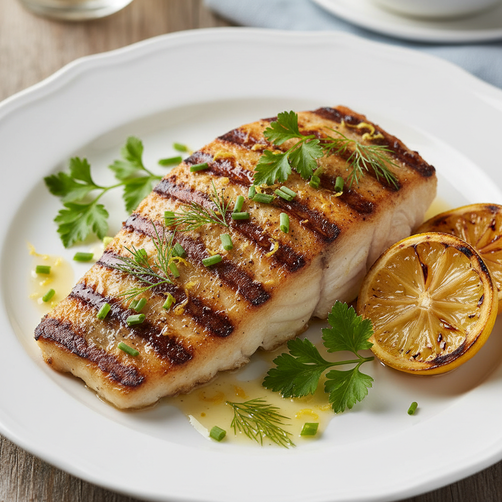 Bright well-lit grilled sea bass with lemon, herbs, and roasted vegetables on white ceramic plate