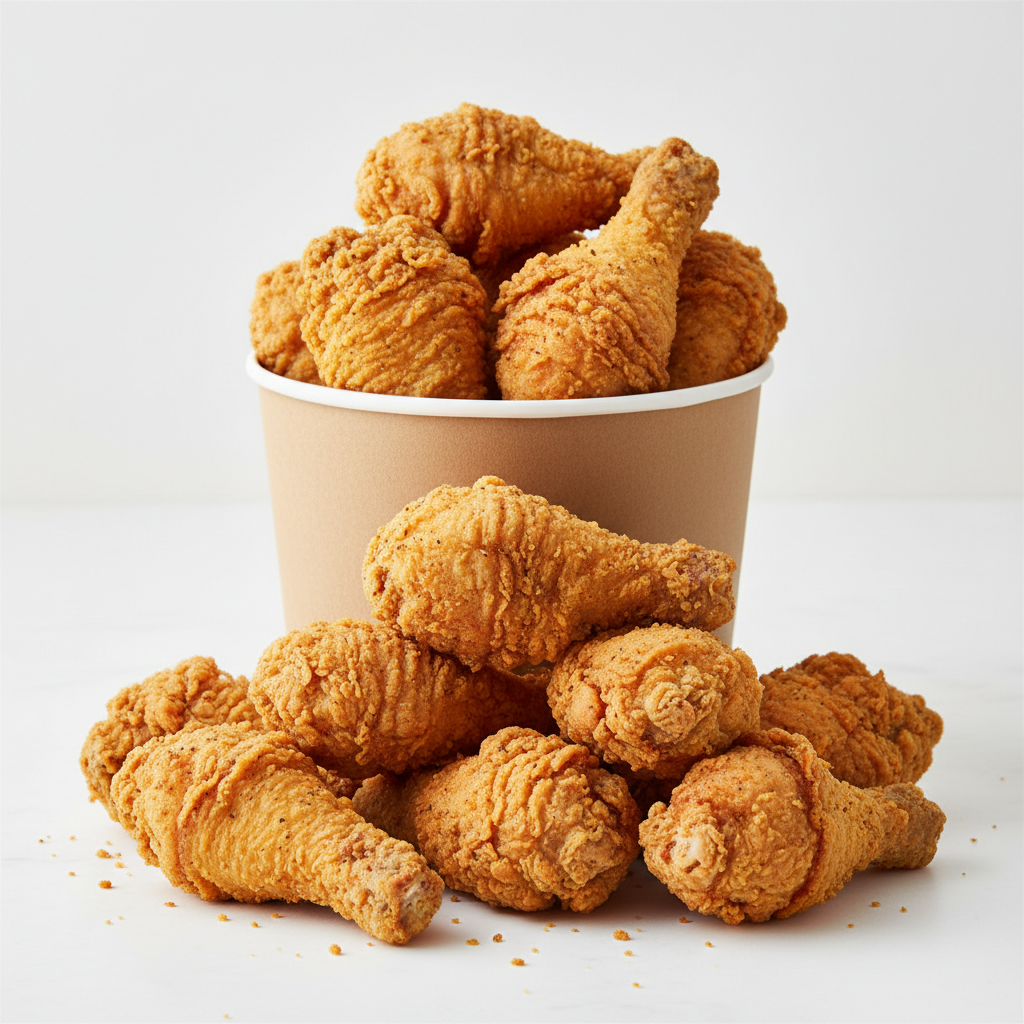 Golden crispy fried chicken drumsticks on white plate with dipping sauce
