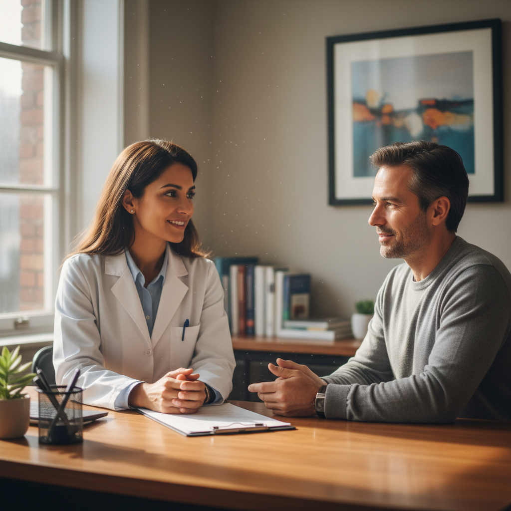 Doctor and patient in bright clinical consultation room, warm natural light from window