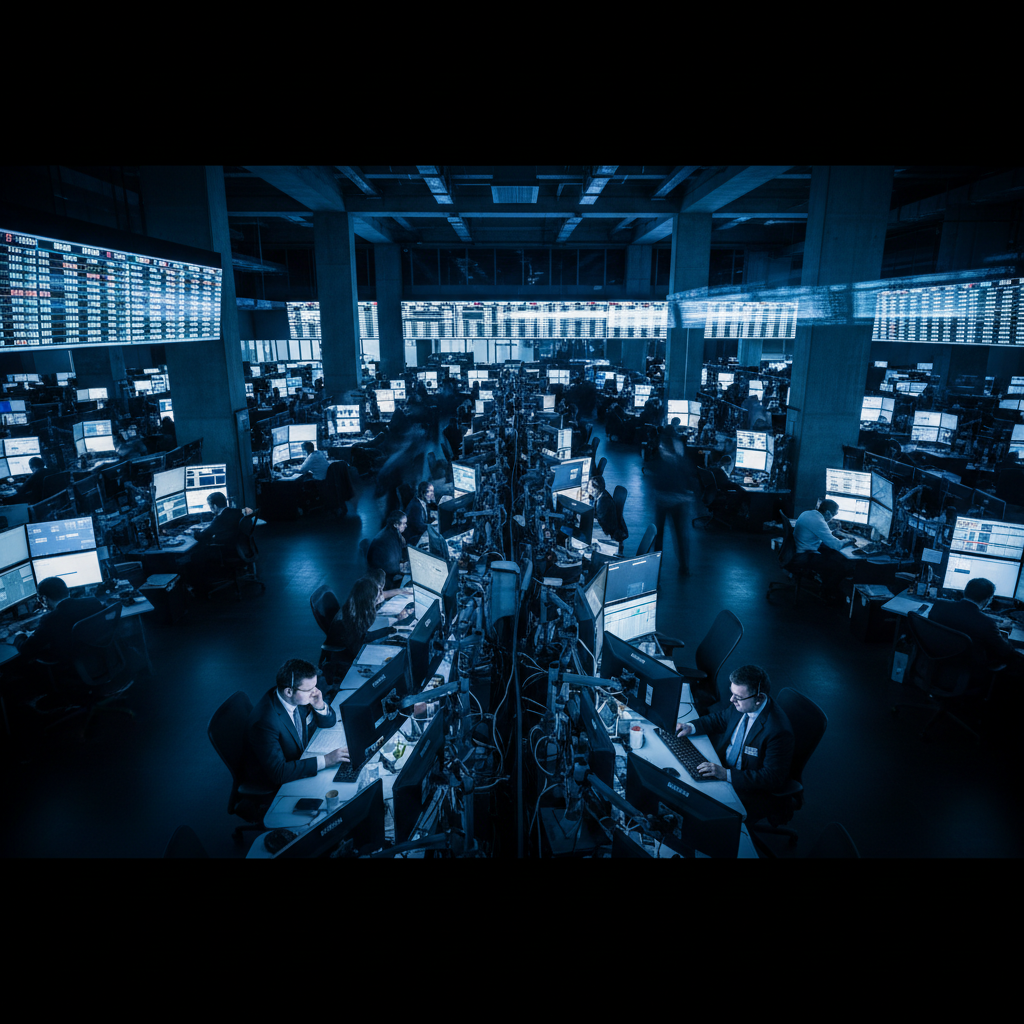 Dark abstract financial data visualization, shadowed trading screens, moody low-key atmosphere
