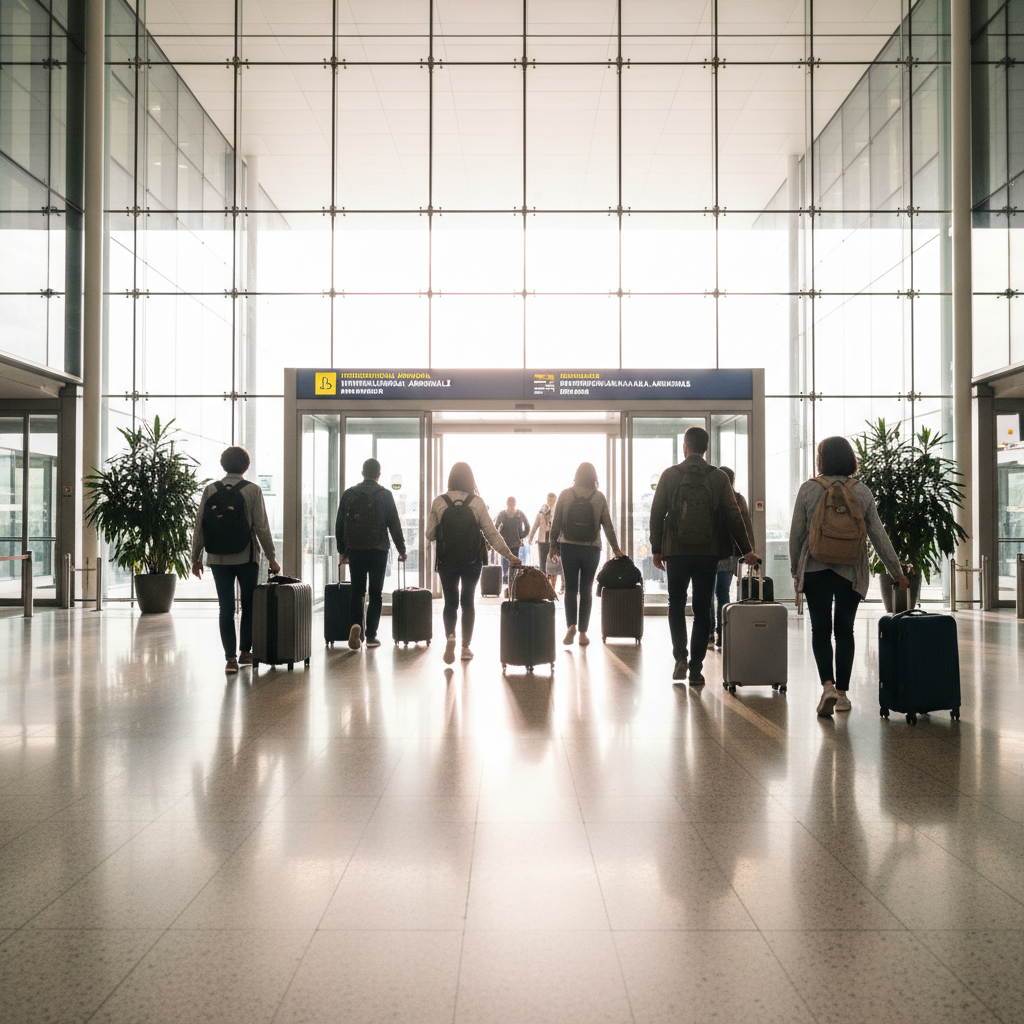International arrivals hall with automatic doors opening to bright light, travelers with luggage