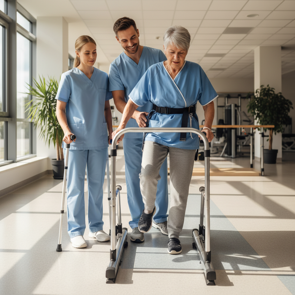 Patient taking first assisted steps with physiotherapist support on day 2 after knee replacement