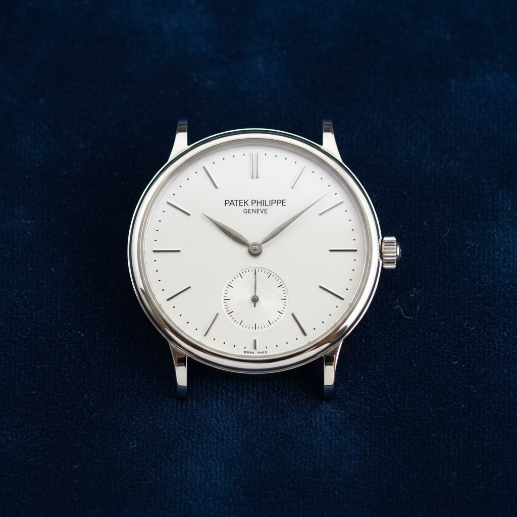 Patek Philippe Calatrava dress watch with white dial and slim gold case on dark velvet