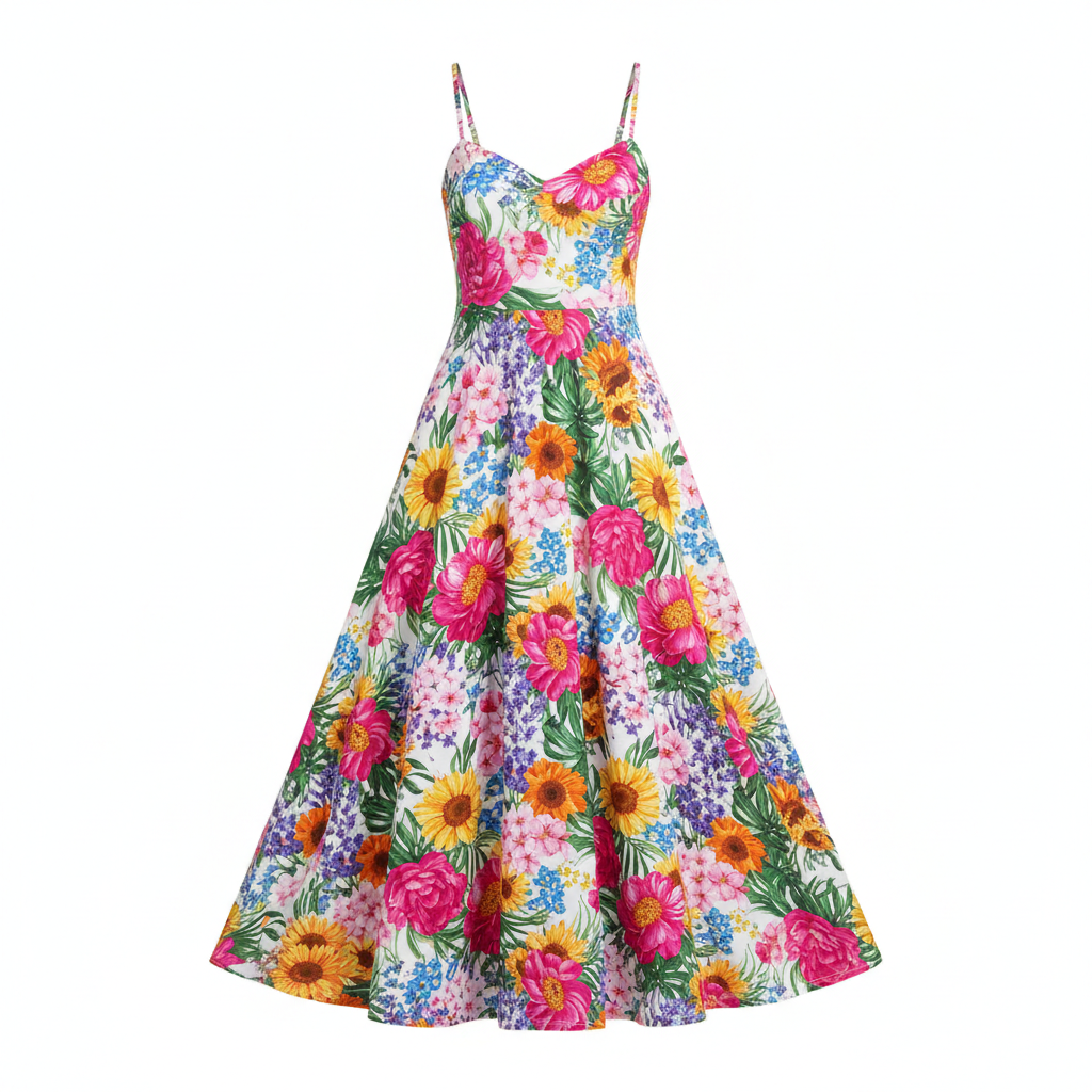 Floral midi dress in bright summer tones against white background