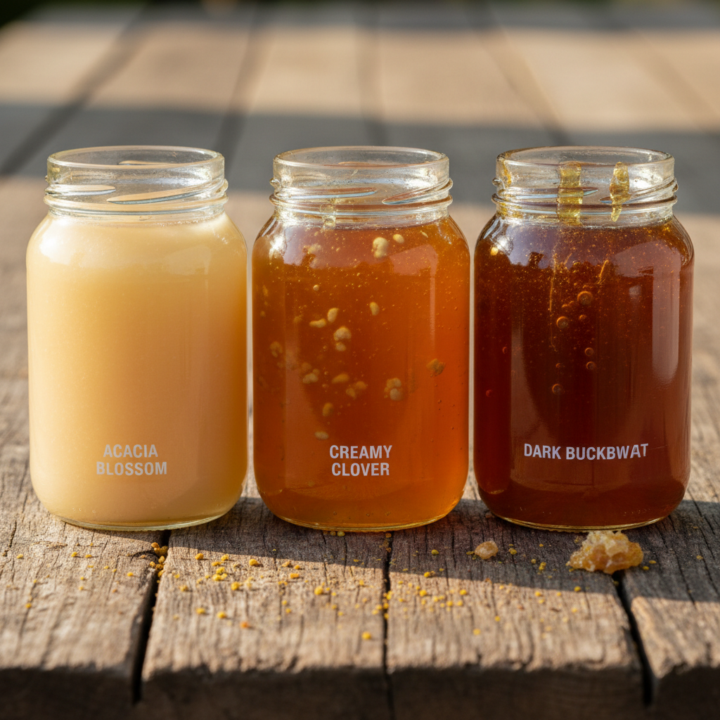 Three artisan honey jars arranged on dark wood surface with moody amber candlelight
