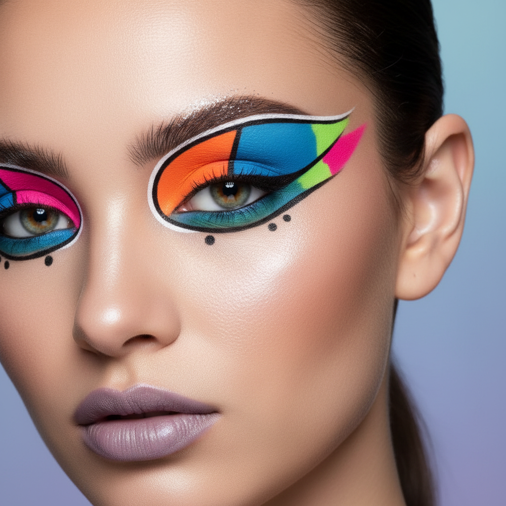 Editorial makeup look, high contrast bold colours, fashion photography aesthetic