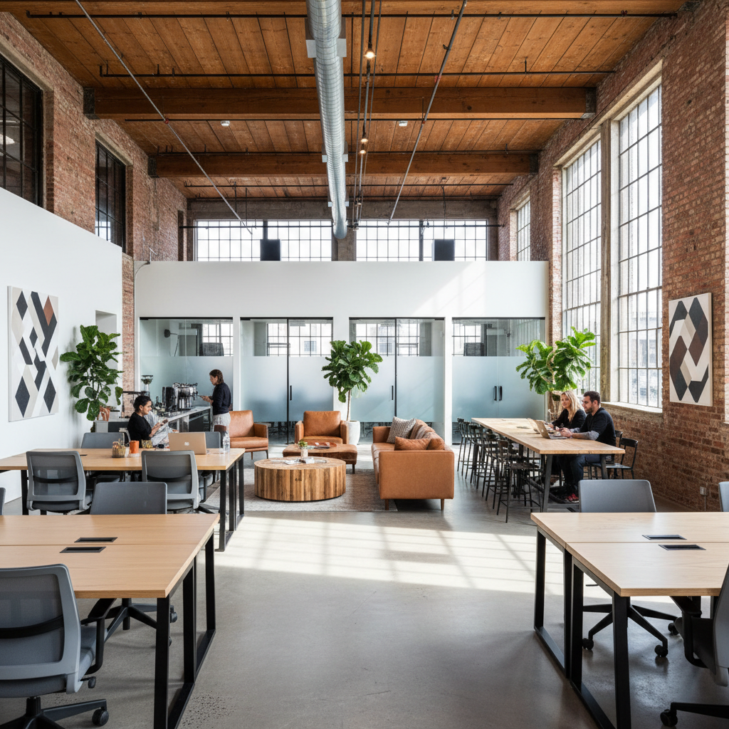 Sleek modern coworking space inside a converted warehouse with high ceilings and open floor plan