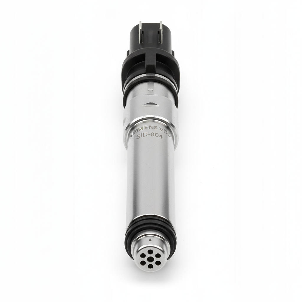 Metal fuel injector component on dark background