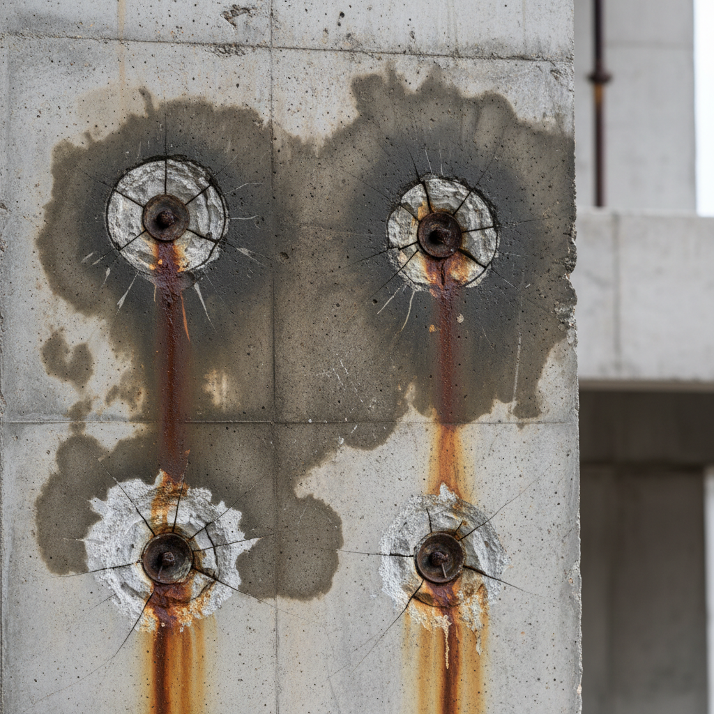 Post-tensioned slab showing tendon pocket cracking and water infiltration at anchorage zones