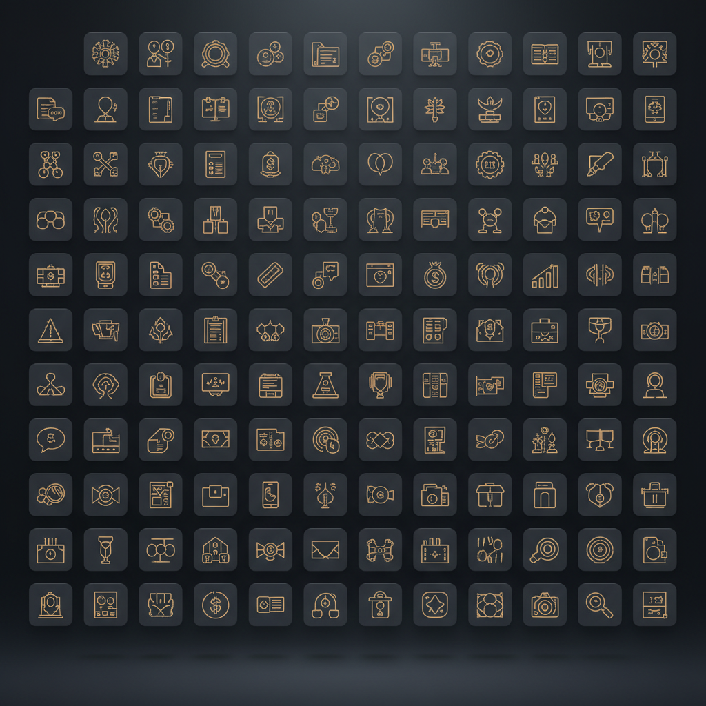 Dark design interface with icon grid, moody studio environment