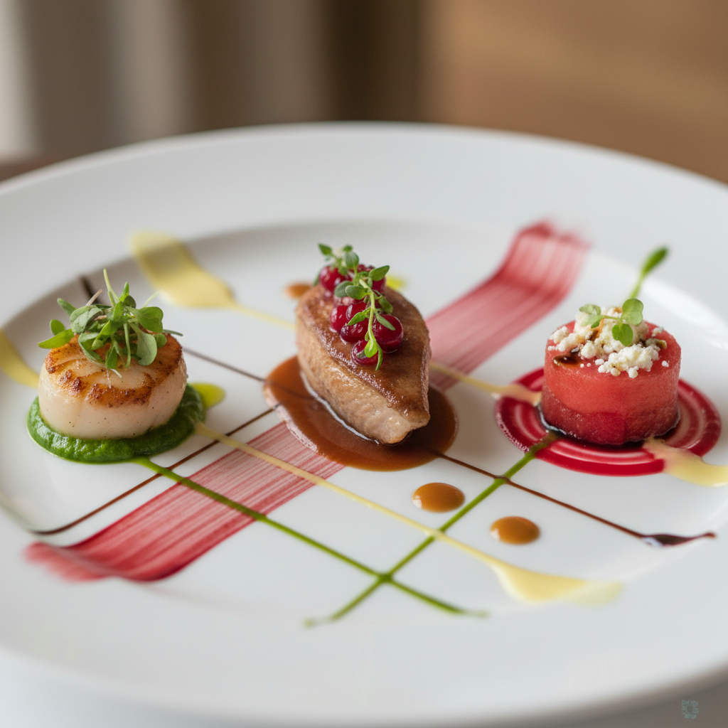 Beautifully plated main course with colorful garnish and artful sauce work on white porcelain