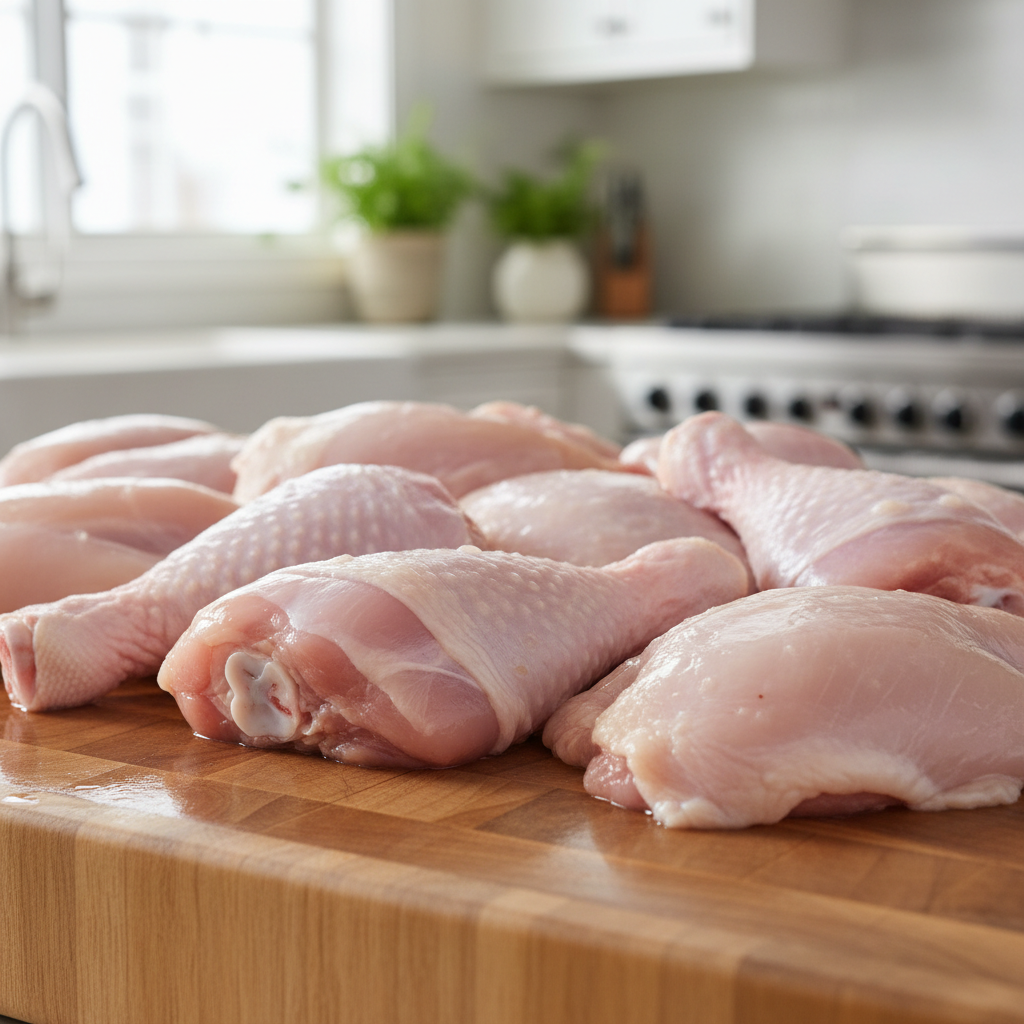 Fresh raw chicken portions on a bright white background with clean food styling