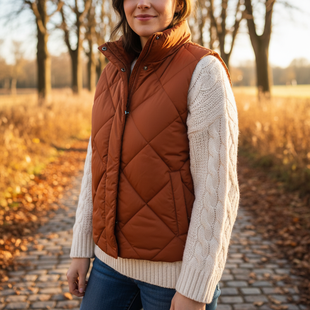 Spice route puffer vest in warm amber-rust tone, quilted pattern, lightweight insulation, worn over knit sweater outdoors