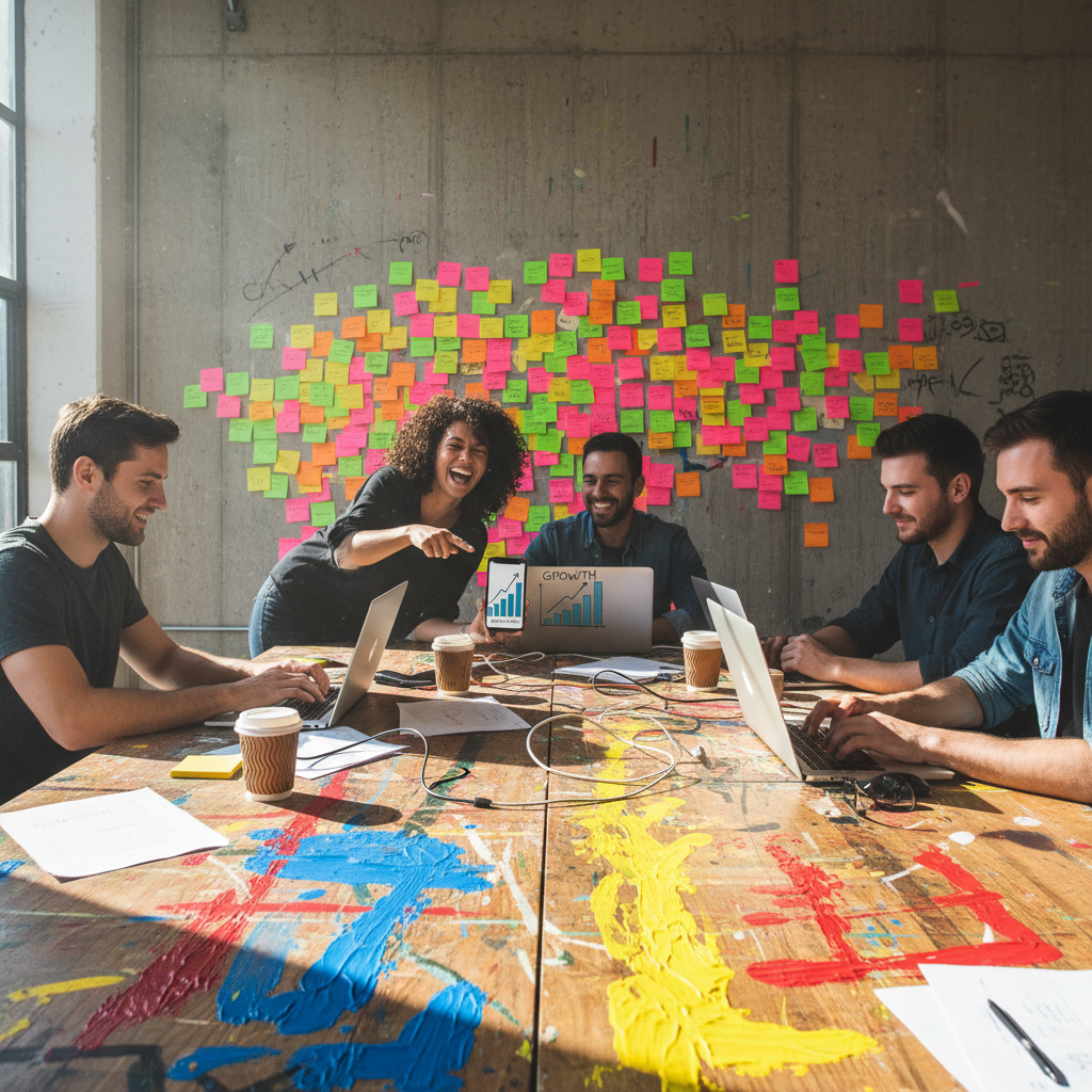 The Hustle team mid-session — laptops open on a paint-spattered table, sticky notes on the wall, one person laughing while pointing at a phone screen showing analytics going vertical