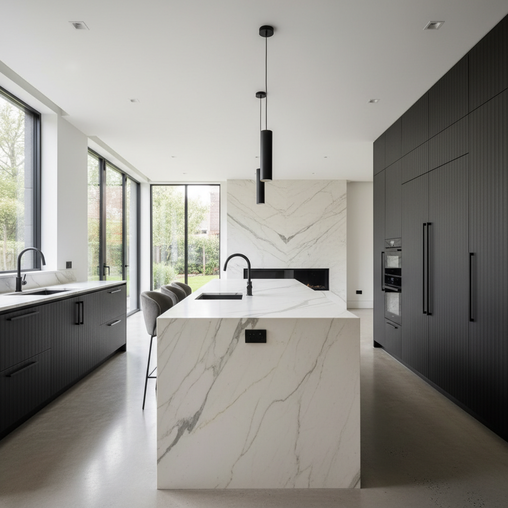 Cuisine haut de gamme en bois naturel avec façades chêne et plan de travail granit noir
