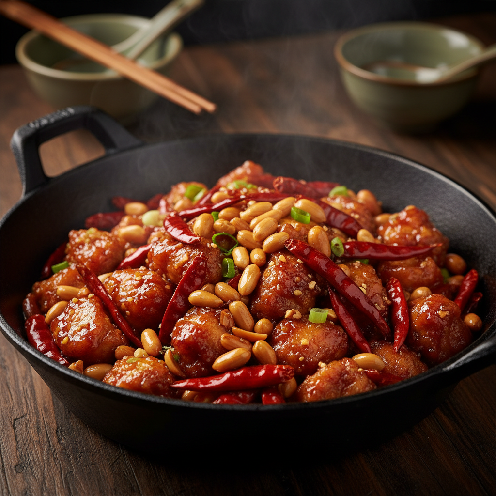 Richly sauced Chinese beef dish in dark wok, low-key professional kitchen lighting, deep shadows, warm amber tones