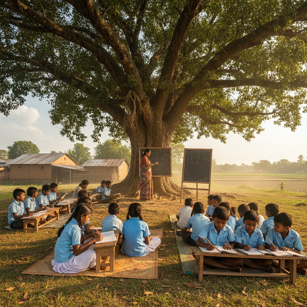 Shantiniketan open-air classroom under trees with traditional Bengali art