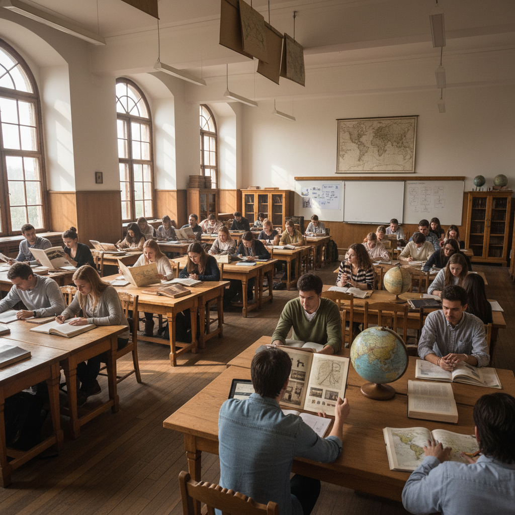 Students in a bright classroom studying, open books, natural light, focused learning environment