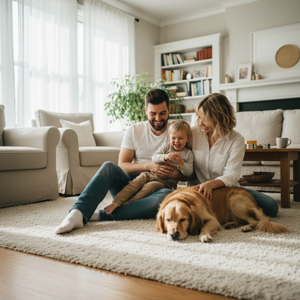 Tara and Mike Donovan family with German Shepherd dog Clover in living room