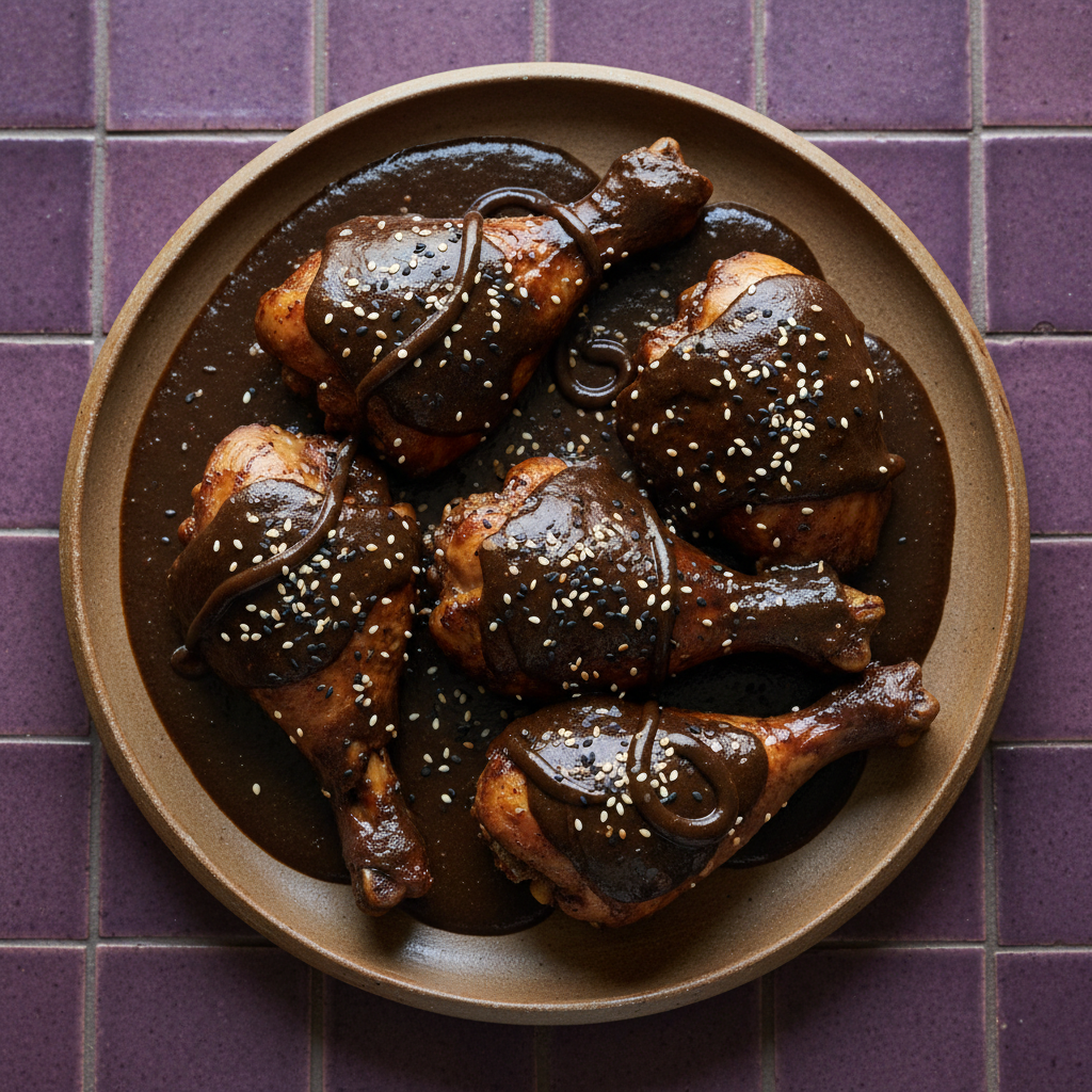 Rich dark mole negro sauce drizzled over braised chicken on white plate with sesame seeds, photographed overhead on purple tile