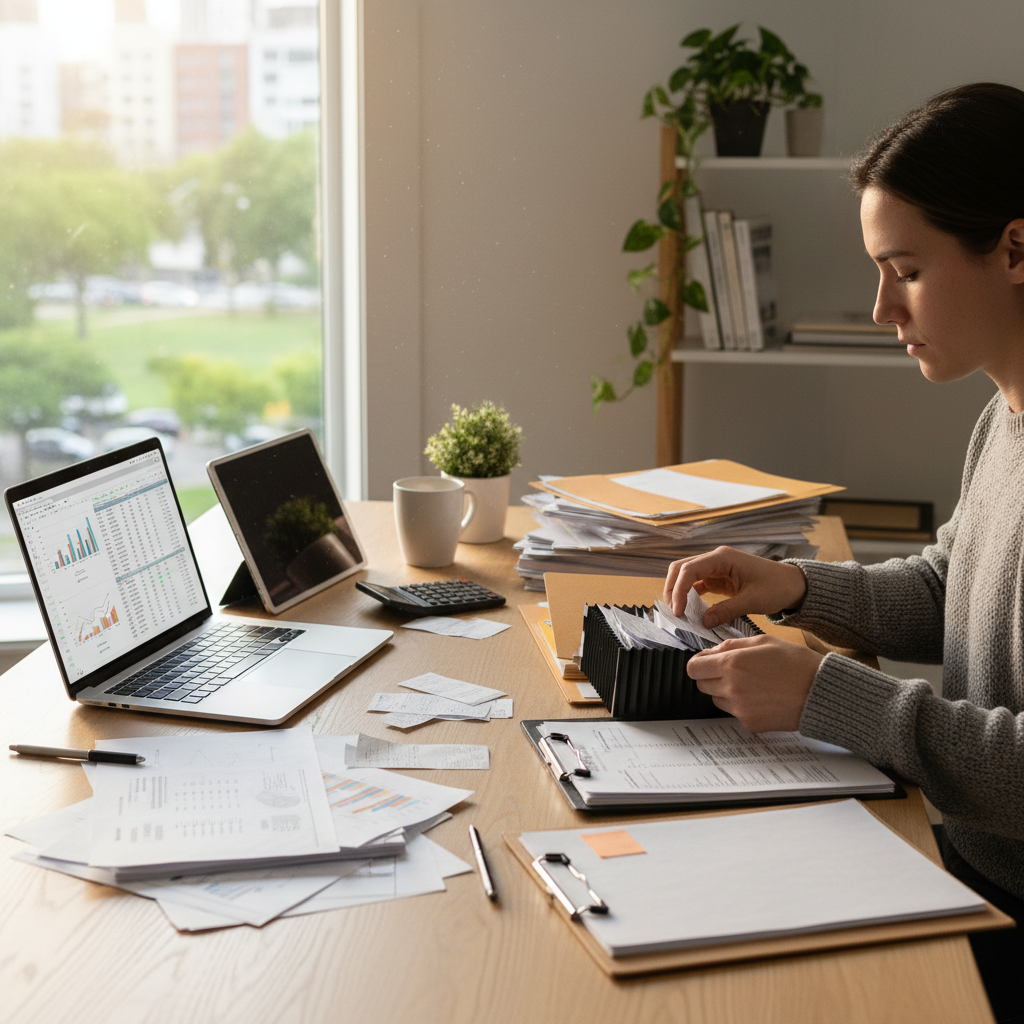 Organized stack of financial documents, receipts, and tax records neatly arranged on a desk